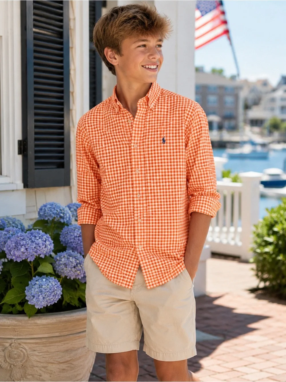 Ralph Lauren Boys Orange Gingham Button Down Shirt L 14-16 Long Sleeve